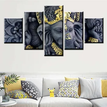 HD-Print-Kanvas Plakat 5 Stykker Elefant Gud Ganesha Maleri Moderne Stue Væg Kunst, Modulære Billede med Hjem Indretning Ramme