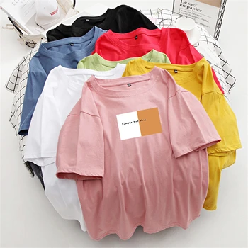 Hirsionsan Kvinder kortærmet T-Shirt Sommer Brev Trykt Grundlæggende Tshirt koreanske Bomuld t-Shirts til Kvinder Plus Size Løs Bløde Toppe