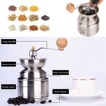 Homgeek Manuel Kaffemøller Holdbar Praktisk Manual Spice Bean kaffemølle i Rustfrit Stål Burr Grinder med Keramiske Kerne