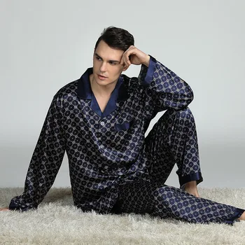 Høj Kvalitet Silke pyjamas paisley Mænd langærmet skjorte + bukser to stykker Nattøj Sæt Plus Size Pyjamas hjemme-tøj Mand