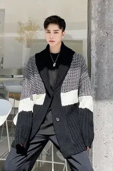 IEFB / herretøj koreansk stil fortykket vævet Britisk stil løs cardigan alle-match farve blok patchwork sweater frakke 9Y4171