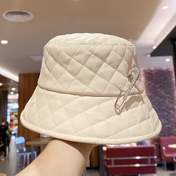 Japansk Efterår Og Vinter Kvinder Diamant-Besat Fisker Cap Koreanske Version Blød Pu Læder Punk Pin-Bucket Hat Fashion Designer