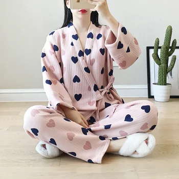 Japanske Kvinder Kawaii 2 Stykker Sæt Nye Pyjamas Fersken Kirsebær Print Kimono Vinter Varm Bomuld Nattøj Yukata Hjem Tøj