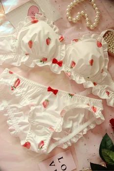 Jordbær Søde Japanske Mælk Silke Bh & Trusser Sæt Trådløs Bløde Undertøj Sæt Kawaii Lolita Bh og Trusse Sæt Pink Undertøj