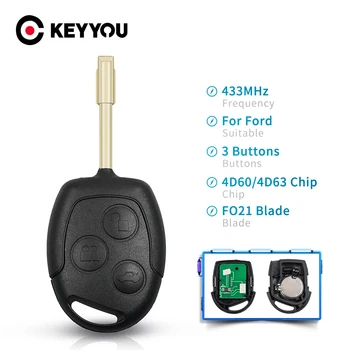 KEYYOU 3-Knappen 433Mhz Bil Fjernbetjeningen For Ford Focus Fusion Mondeo Fiesta Galaxy 4D60/4D63 Chip Med FO21 Blade
