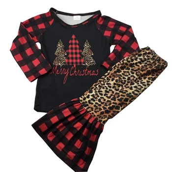 Kids pige juletræ print sæt fashionable leopard sort og rød plaid bell bottom udstyr 66