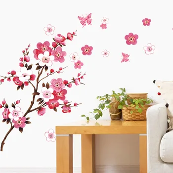 Klassisk Peach Blossom Sakura Wall Sticker Vandtæt Toiletter Decal Hjem Indretning Stue med TV Baggrund Transfer Tapet