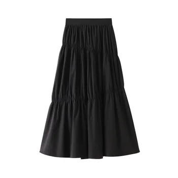 Korean Style Uregelmæssig Syning Bomuld Lang Plisseret Nederdele Solid Sort/Hvide A-linje Patchwork Crepe Slank Mid-kalv Lange Nederdele