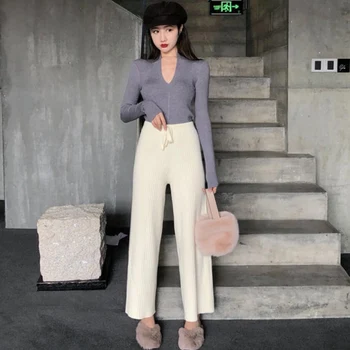 Koreanere Elegante Butterfly Lange Ærmer Kvinder Strik Trøje Mode Nye Vilde V Hals Slim Bunden Pullover Shirt