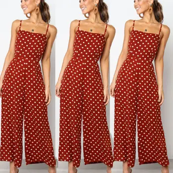 Kvinder 2019 nye strappy vintage polka prikker jumpsuits vogue kvindelige tilbage sløjfeknude sexet straight leg buksedragt clubwear strand ferie
