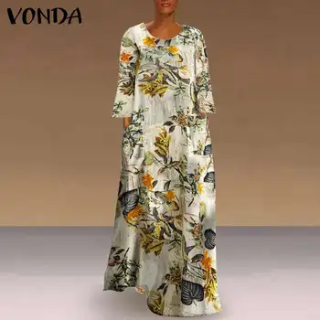 Kvinder, der' Party Dress langærmet Kjole Vintage Lommer Blomster Print Kaftan Kjole VONDA 2021 Afslappet Sundress Plus Size Vestido 5XL