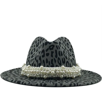 Kvinder Mænd Uld Fedora Hat Med Pearl Bånd Herre Elegant Dame Vinter Efterår Wide Brim Kirke Panama Leopard print Jazz Cap
