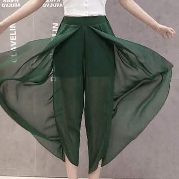 Kvinder Sommeren Chiffon Nederdel Bukser Plus Size Solid Beskåret Bukser, Nederdel Med Høj Talje Bred Ben Bukser Koreansk Mode Løs Casual Bukser