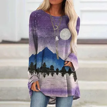 Landskab Print Æstetiske 3D Overdimensionerede Kvinder Bluse Mode O-hals Lange Ærmer Shirt Kausale Løse Toppe Camisetas Plus Størrelse 3XL