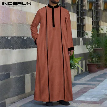 Langærmet Stå Krave Jubba Thobe Mænd Patchwork Kaftan Muslimske Gevandter Solid Farve Saudi-arabisk Tøj INCERUN Dubai Mænd Klæder