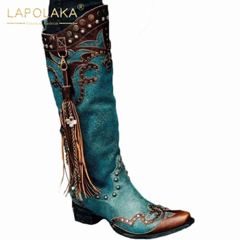 Lapolaka Mode Nye Nationale Style Lange Støvler Kvindelige Broderet Mosaik Boheme-Stil, Knæhøje Støvler Kvinde Sko