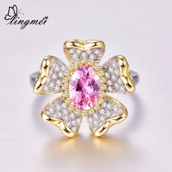 Lingmei Engros Blomst Mode Kvinder Smykker Ovale Pink & Guld Hvide Zircon Sølvfarvet Ring Størrelse 6-9 Bryllup Engagement Ring