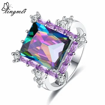 Lingmei Engros Bryllup Band RainbowPurpleGreenWhite Cubic Zircon Sølvfarvet Ring Størrelse 6-9 Engagement Smykker