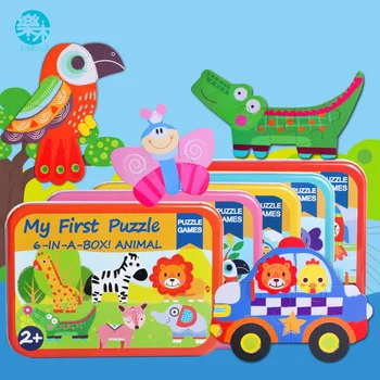Logwood Træ Legetøj i Træ Puslespil 6 i 1 Kasse Tegnefilm Dyr 3D-Puslespil Toy Montessori Børns Uddannelse Legetøj Gave til Børn