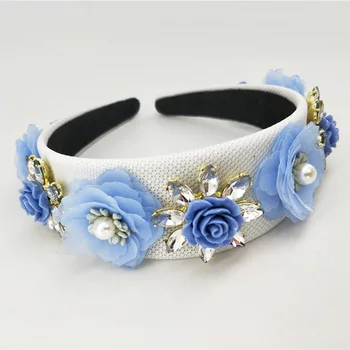 Lys Blå blomst hvide Hårbånd Til Piger Rhinestone Crown Hairbands Høj Kvalitet Kvinder & Piger Hår Tilbehør Part, Håndlavet