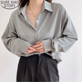 Mode Løs langærmet Skjorte Elegante Kvinder Lang Skjorte Kontor Dame koreanske Solid 2021 Efteråret Turn-down Krave Blusas 11279