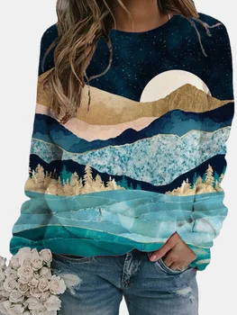 Mode Løs O Neck Farverige Starry Sky Dyr, Landskab 3D-Print-Kvinder ' s T-Shirt Efterår og Vinter Nye Langærmet Tee Damer