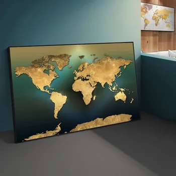 Moderne verdenskort Lærred Maleri Nordiske Golden Grønne Kort Landskab Plakater Udskriver Væg Kunst Billede til stuen Home Decor