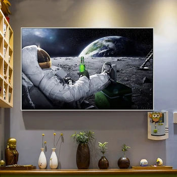 Moderne Øl og Astronaut på Månen Lærred Maleri Plakater og Prints Væg Kunst Billeder til stuen Hjem Dekoration