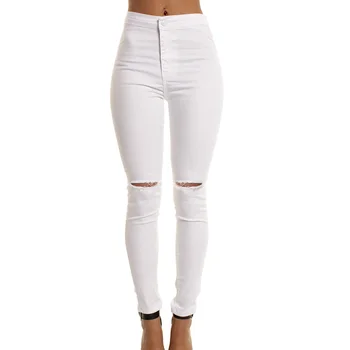 NDUCJSI Høj Talje Casual Skinny Jeans For Kvinder Hul Vintage Slank Rippet Denim Blyant Bukser med Høj Elasticitet Sort Blå Jeans
