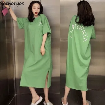 Nightgowns Kvinder Brev Side-spalte Casual Trendy Plus Size 3XL Løs Simpel Hjem Nattøj Studerende Smarte Ulzzang Tynd Sleepshirts