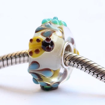 Nye 925 Sterling Sølv Stort Hul 3D Farverige Blomster dam Frog Mariehøns Glas Charm Perler Passe Europæiske Armbånd Smykker
