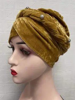 Nye Afrikanske Wrap Dit Hoved Cap Headtie Auto Gele Elegant Velvet Kvinder Turban Hat Headtie Beaded Turban Hoved Tørklæde Headwrap Kvinder Cap