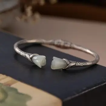 Nye indlagt naturlige Hetian hvid Kalcedon armbånd i Kinesisk stil retro Magnolia mindretal design kvinders mærke smykker
