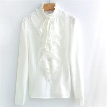 Nye Vintage Chiffon Blouse Kvinder Foråret Efteråret Solid Langærmet Bluser Toppe Flæsekanter Shirts Elegante Slanke Hvide Office-Shirt A716