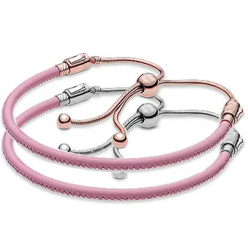 Oprindelige Steg Øjeblikke Pink Læder Justerbar Glidende 925 Sterling Sølv Armbånd Passer Europa Armbånd-Perle-Charme DIY Smykker