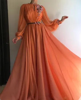 Orange Lange Ærmer Muslimske Aften Kjoler A-Line Chiffon Islamiske Dubai Saudi-Arabisk Lang Aften Kjole Prom Dress