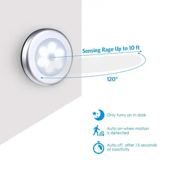 Pakke med 6 LED Infrarød-PIR-bevægelsesføler 6 Led Nat Lys Trådløse Detektor Light Væg Lampe Lys Auto On/Off-Skab Strøm på Batteri