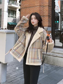 Plaid lam uld frakke kvinder short 2020 efteråret og vinteren vilde nye koreanske version af løs uld tyk plus fløjlspels