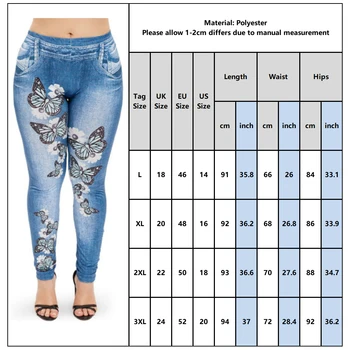 Plus size kvinder falske jeans denim bukser mode blomster butterfly trykt damer jeans denim bukser i størrelse kvindelige bukser d30 Bunde \ www.jl-energy.dk