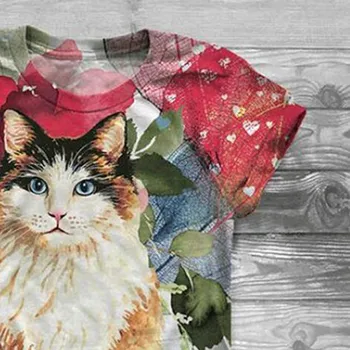 Plus Size Kvinder kortærmet 3D-Kitty Cat Trykt O-Neck Tops Tee T-Shirt