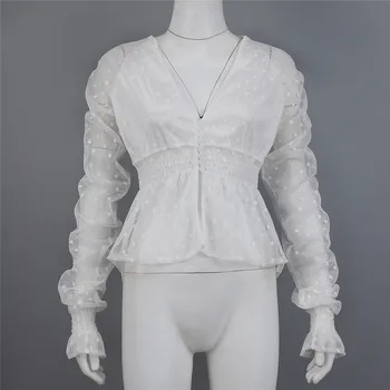 Polka Dot Mesh bluse Se gennem Puff langærmet Bluse Gennemsigtig Hvid Skjorte Kvindelige Hvide Lange Toppe