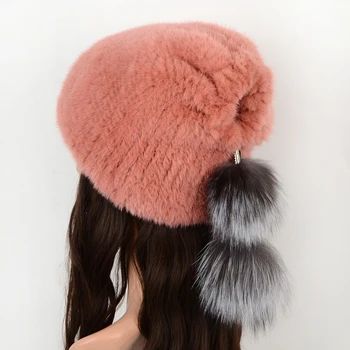 Real Mink Pels Hatte Til Kvinder Nye Strikkede Stil På Pom Pom Fox Fur Huer Damer Pink Hat Vinter Luksus For Kvinder