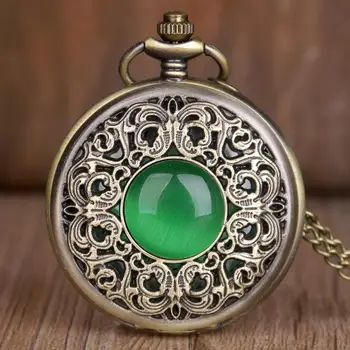Retro Bronze Grønne Sten, Glas lommeur med Vedhæng Kæde Urværk Herre fob ure Relogio De Bolso TD2130
