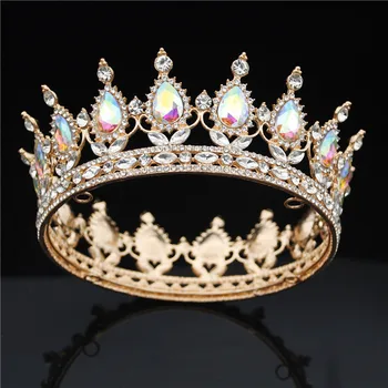 Royal Dronning, Konge Krone Flerfarvet Krystal Bryllup, Bridal Crown Diademer og Kroner Festspil Hovedbøjle Hovedklæde Bruden Hår Smykker