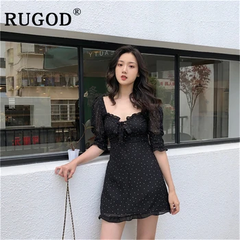 RUGOD Vintage sexet off skulder mini kjole til Elegante kvinder flæser dot trykt chiffon kjoler koreanske snøre black kjoler