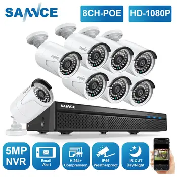SANNCE 8CH FHD 1080P POE Video-overvågningssystem, H. 264+ 5MP NVR Med 4X 6X 8X 2MP Udendørs Vindtæt Lyd Registrere IP-Kameraer