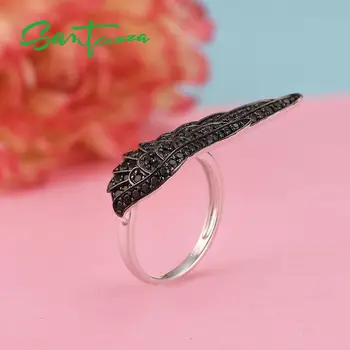 SANTUZZA Sølv Ring For Kvinder Ægte 925 Sterling Sølv, Sort Spinels Angel Wing Part Trendy Party Mode Smykker