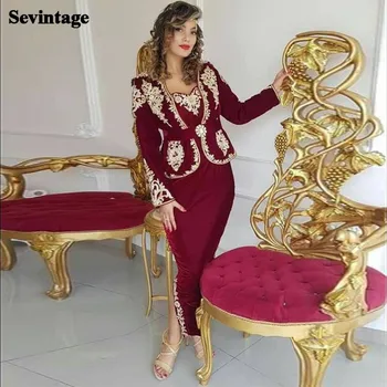 Sevintage Bourgogne Pynt Lace Aften Kjoler Karakou Algeriske Lange Ærmer Prom Kjoler Flytbare Jakke Formelle Kvinder Kjole