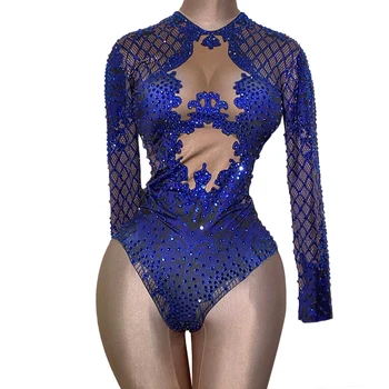 Sexet Blå Print Rhinestone Danser Bodysuit Kvinder Med Lange Ærmer Elastisk Crystal Buksedragt Kvindelige Club Showgirl Fase Trikot Kostume