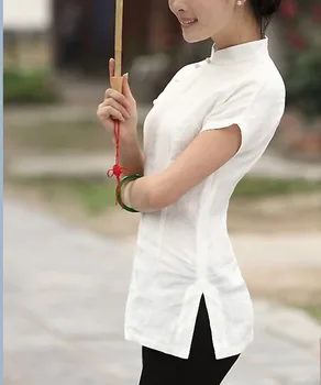 Shanghai Historie kvindens Korte Ærmer kinesiske traditionelle top Qipao Shirt kinesisk stil Øverste Hvide bryllup top Linned bluse